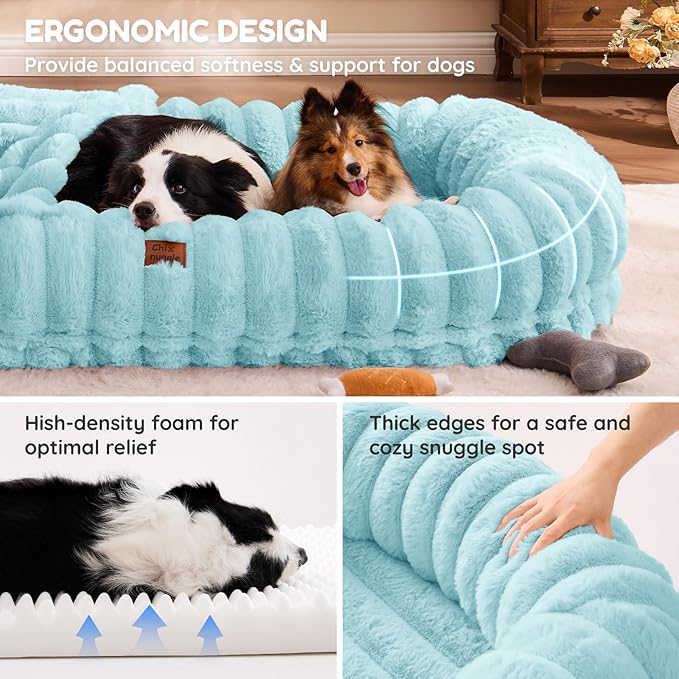 ChiXnuggle Human Dog Bed for Adult - Luxury Striped Faux Fur Giant Dog Bed with Portable Handle, Egg Orthopedic Foam Pad with Thick Blanket, 72"x40"x10", Blue