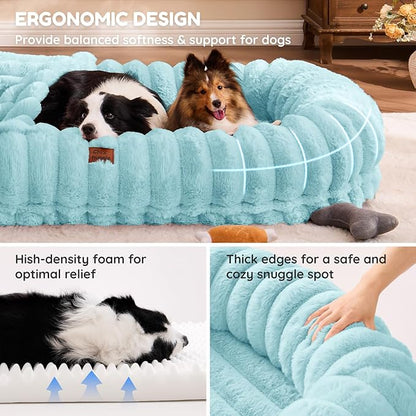 ChiXnuggle Human Dog Bed for Adult - Luxury Striped Faux Fur Giant Dog Bed with Portable Handle, Egg Orthopedic Foam Pad with Thick Blanket, 72"x40"x10", Blue