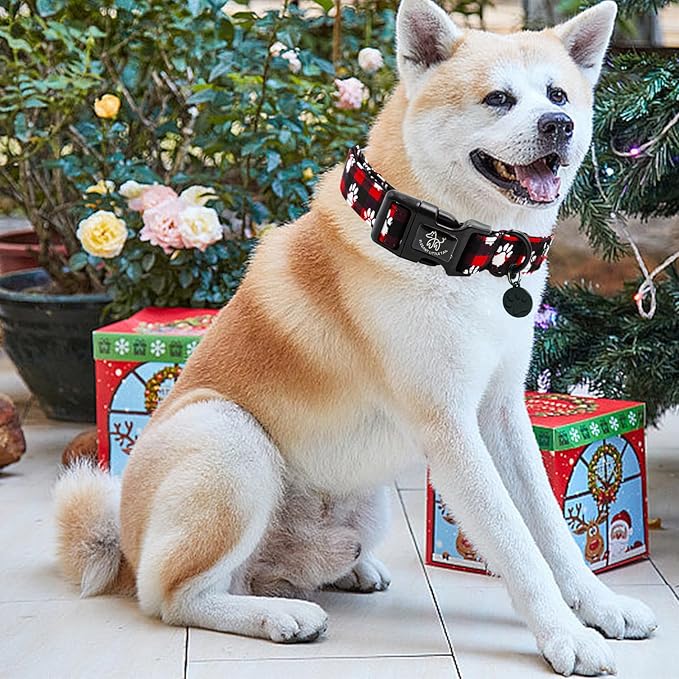 Elegant little tail Christmas Dog Collar, Pet Dog Collar Cotton Soft Plaid Winter Collars Holiday with Quick Release Buckle Pet Puppy for Large Dogs