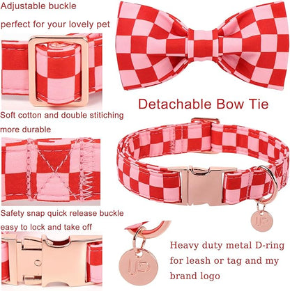 Red and Pink Plaid Dog Collarwith Bow Tie– Adjustable Red & Pink Checkered Dog Collar for Small Medium Large Dogs, Soft Xmas Plaid Puppy Collars with Quick Release Buckle M
