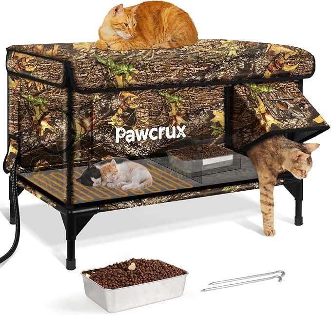 Weatherproof Heated Cat House for Outdoor in Winter, Heated Cat Bed Kitty Shelter with Cat Heating Pad, Insulated & Safe Escape Door, Warm House for Outside Stray Cat (Leaf Color, 16"x28"x19")