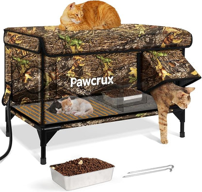 Weatherproof Heated Cat House for Outdoor in Winter, Heated Cat Bed Kitty Shelter with Cat Heating Pad, Insulated & Safe Escape Door, Warm House for Outside Stray Cat (Leaf Color, 16"x28"x19")