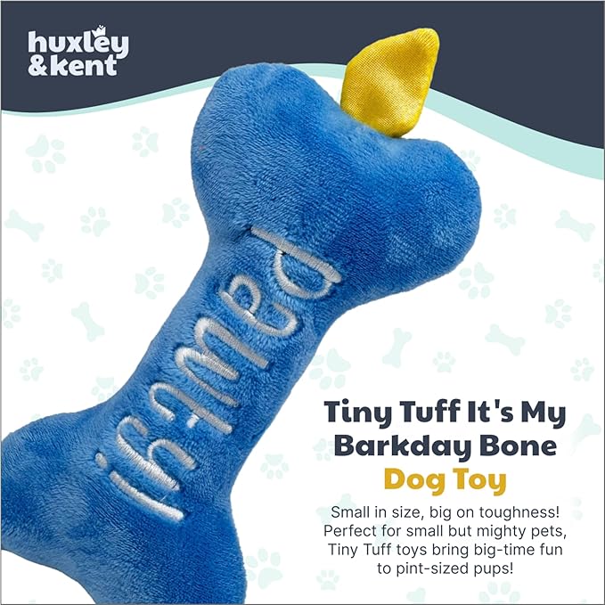 Huxley & Kent Funny Dog Toy w/Squeaker – Power Plush Squeaky Dog Toys for Small Dogs – Durable Small Stuffed Animal for Indoor Play & Fetch - Tiny Tuff It's My Barkday Bone