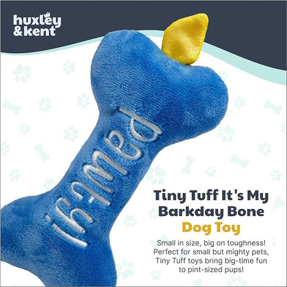 Huxley & Kent Funny Dog Toy w/Squeaker – Power Plush Squeaky Dog Toys for Small Dogs – Durable Small Stuffed Animal for Indoor Play & Fetch - Tiny Tuff It's My Barkday Bone