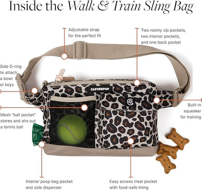 Cleverpup, Dog Walk & Train Sling Bag - Hands-Free 2-In-1 Treat Pouch, Poop Bag Holder, Clicker, Phone Pocket - Crossbody/Fanny Pack, Adjustable Strap - Leopard