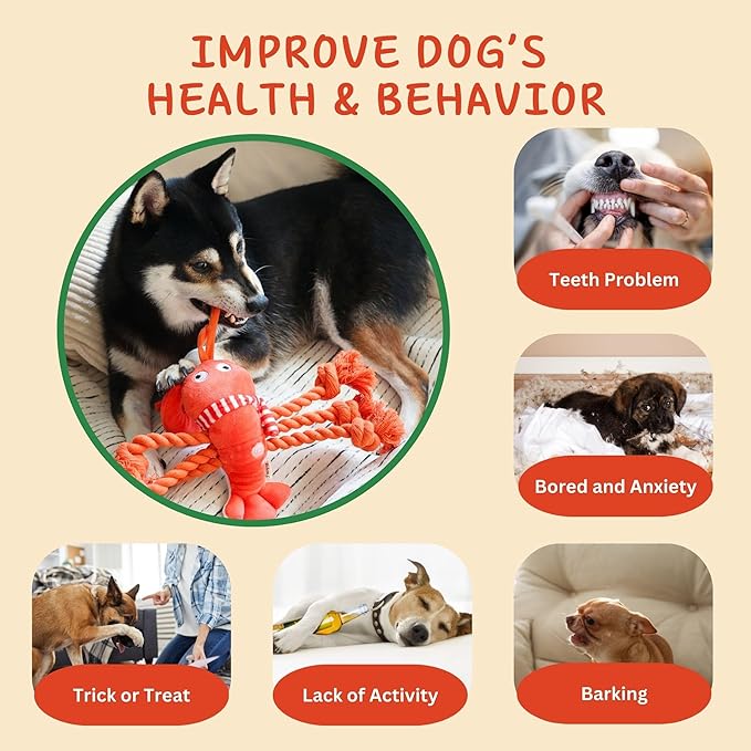 Pawfoo Lab Squeaky Dog Toys, Rope Tug of War Dog Toys, Interactive Lobster Plush Chew Toys, Dog Gifts for Puppy, Small Medium Large Dogs
