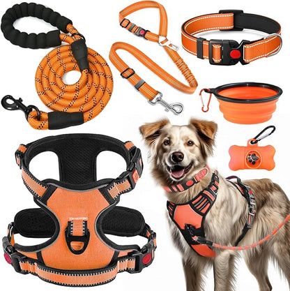 LOBEVE No Pull Dog Harness, Collar & Leash Set | Includes Dog Seat Belt, Collapsible Bowls & Poop Bag Dispenser. Ideal for Training, Walking, Hiking. Fits Small to Large Dogs(Orange-XL)