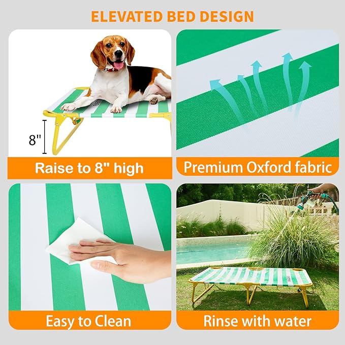 everfront Dog Elevated Bed Foldable Portable Raised Bed Camping cot Outdoor Summer Dog Bed (Medium, GreenStripes-Oxford Fabric)