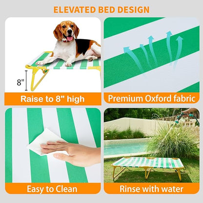 everfront Dog Elevated Bed Foldable Portable Raised Bed Camping cot Outdoor Summer Dog Bed (Medium, GreenStripes-Oxford Fabric)