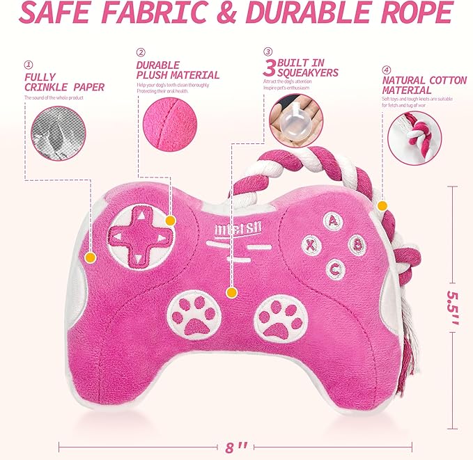 MTERSN Cute Dog Plush Toys : Squeaky Dog Toys with Crinkle Paper and Interactive Rope Toy for Tug of War - Game Controller Dogs Chew Toy with 3 Squeakers for Puppy, Small, Medium, Large Dogs (Pink)
