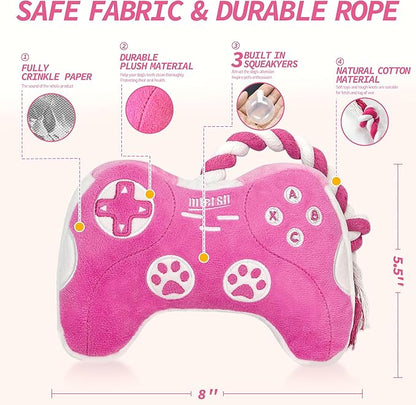 MTERSN Cute Dog Plush Toys : Squeaky Dog Toys with Crinkle Paper and Interactive Rope Toy for Tug of War - Game Controller Dogs Chew Toy with 3 Squeakers for Puppy, Small, Medium, Large Dogs (Pink)