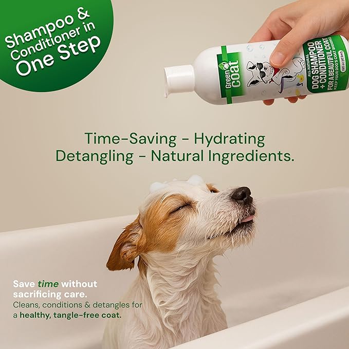 Green Coat 2-in-1 Dog Shampoo & Conditioner, Caviar Extract, Aloe & Bergamot for Sensitive Skin, Deep Shine + Detangler, Hydrating Luxury Dog Wash, 16oz, Made in USA