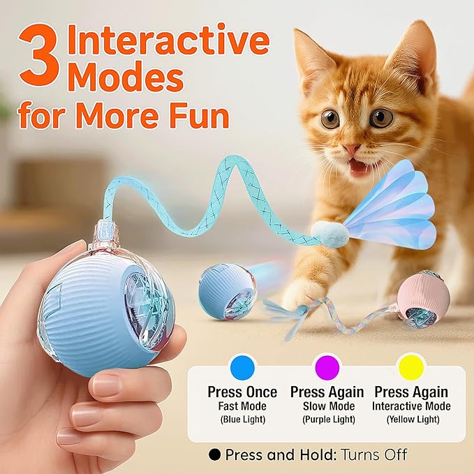 2-Pack Interactive Cat Ball Toys – Pink & Blue Combo – Automatic Rolling Balls with Long Tail & Feather, 3-Modes & USB Rechargeable for Indoor Cats