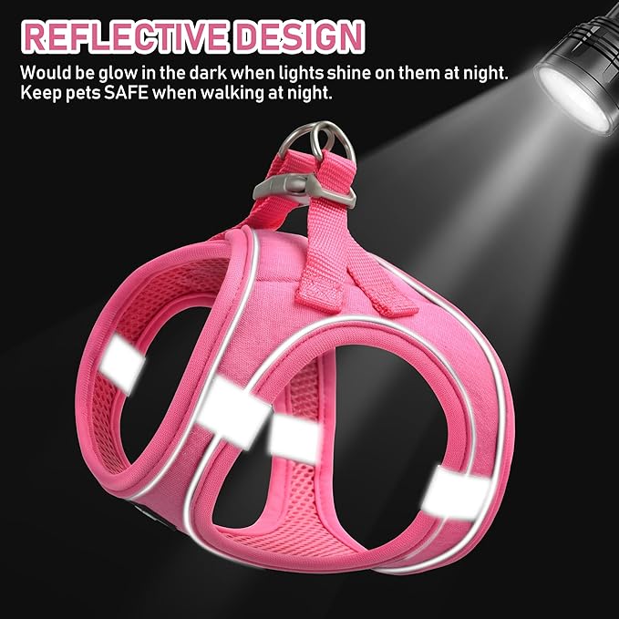GAMUDA Small Pet Harness Collar and Leash Set, Step in No Chock No Pull Linen Fabric Soft Mesh Dog Vest Harnesses Reflective for Dogs Puppy Cats Kitten Rabbit (Pink, L)