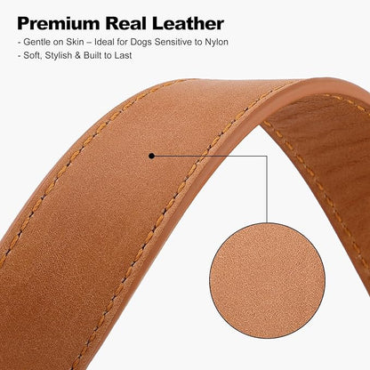 Plutus Pet Genuine Leather Dog Collar – Adjustable Pet Collar with Quick Release Metal Buckle, Soft Real Leather for Small Medium Large Dogs, Heavy Duty & Skin-Friendly (Light Brown, M)