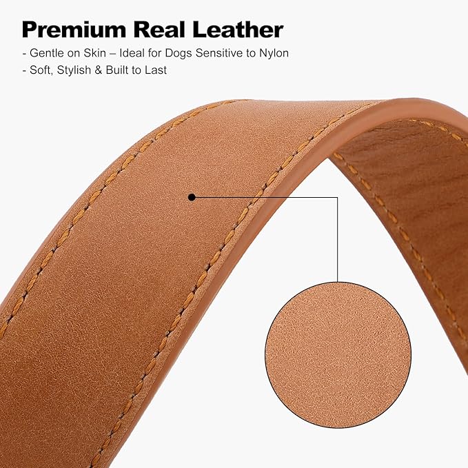 Plutus Pet Genuine Leather Dog Collar – Adjustable Pet Collar with Quick Release Metal Buckle, Soft Real Leather for Small Medium Large Dogs, Heavy Duty & Skin-Friendly (Light Brown, L)