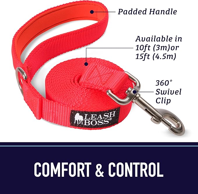 Leash Boss 15 Foot Dog Leash with Padded Handle - Long Leash for Hiking, Camping, Exploring, or Walking (15 Ft, Black/Red/Grey)
