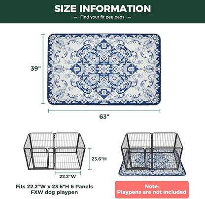 FXW Washable Pee Pads for Dogs, Puppy Pads with Super Absorbent, Specifically Designed for FXW Rollick/Homeplus 24inch 6 Panels Dog Playpen, 39" x 63" Rectangle, Mandala Blue, 1 Pack
