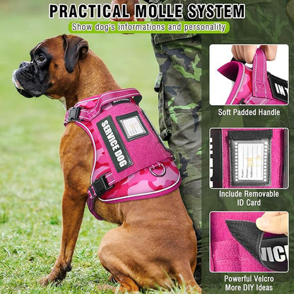 MOOGROU Tactical Service Dog Vest and Leash Set,Heavy Duty No Pull Dog Harness and 10 Patches with Dog Seat Belt for Large Dogs,Reflective Pet Harness for Training Walking Hiking Camo Pink L