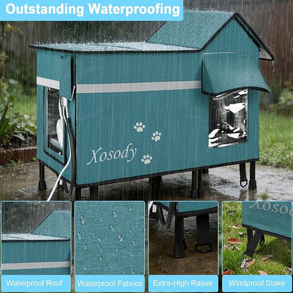 Xosody Heated Cat House for Outside Cats- 100% Weatherproof Insulated Outdoor Cat House with Heating Pad, Elevated Base & Safe Escape Door, Warm Kitty Shelter for Feral or Stray Cats in Winter