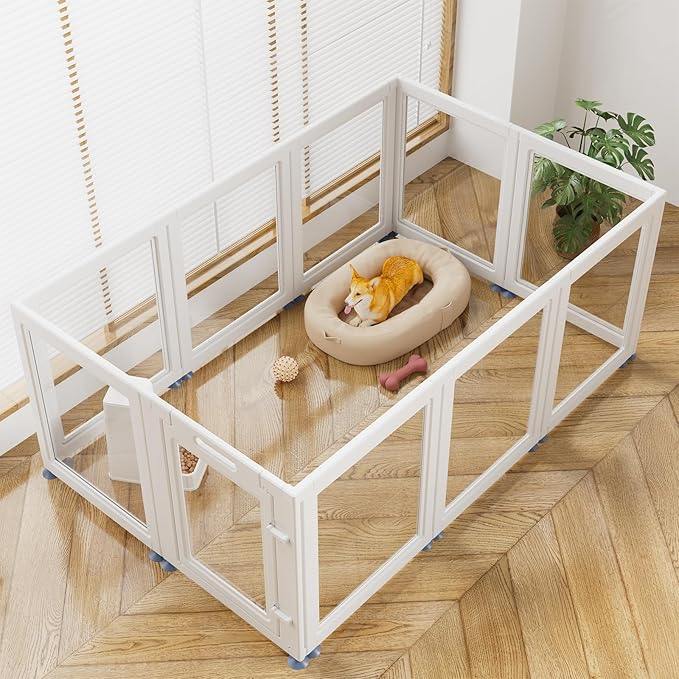Clear Acrylic Dog Playpen Transparent Dog Playpen Indoor, Easy Assemble Clear Pet Pen for Puppy Bunny Cat Pig, Sturdy & Easy Cleaning Plastic Dog Puppy Fence