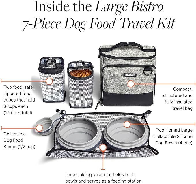 Cleverpup, Small 7-Piece Bistro Box Dog Food Travel Kit, 6-Cup Kibble Storage, 2 Silicone Bowls, Mat & Scoop - Premium Portable Pet Food Kit for Weekends, Overnights, Daycare & Camping, Heather Grey