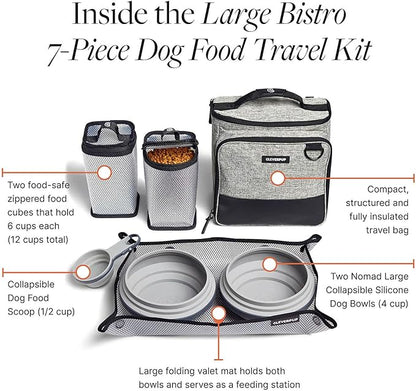 Cleverpup, Small 7-Piece Bistro Box Dog Food Travel Kit, 6-Cup Kibble Storage, 2 Silicone Bowls, Mat & Scoop - Premium Portable Pet Food Kit for Weekends, Overnights, Daycare & Camping, Heather Grey