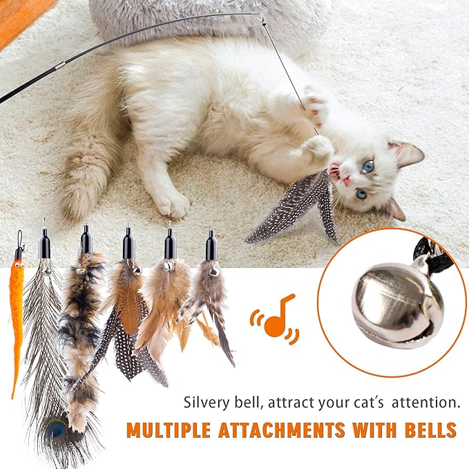 APSUAE Retractable Cat Wand Toys - Interactive Feather Wand with Bell for Indoor/Outdoor Cats, 8 Pack