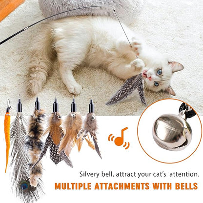 APSUAE Retractable Cat Wand Toys - Interactive Feather Wand with Bell for Indoor/Outdoor Cats, 8 Pack