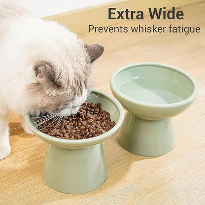 CEEFU 2 Elevated Ceramic Cat Bowls Extra Wide for Food & Water – Whisker Fatigue Shallow Food Dish, Lead & Cadmium-Free, Raised Height for Cats, Sage Green