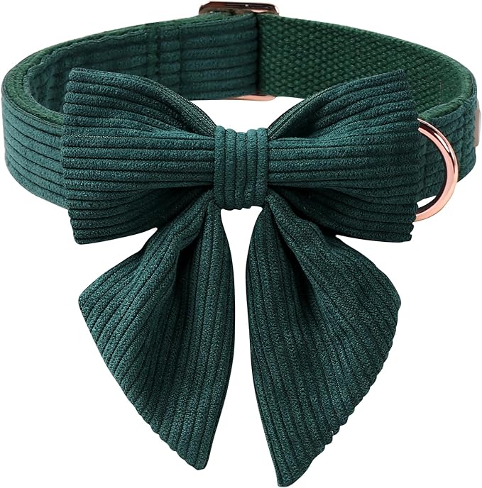 Corduroy Dog Collar with Laday Bow, Adjustable Heavy-Duty Dog Collars for Small Medium Large Dogs, Green Winter Christmas Puppy Bowtie Collar L