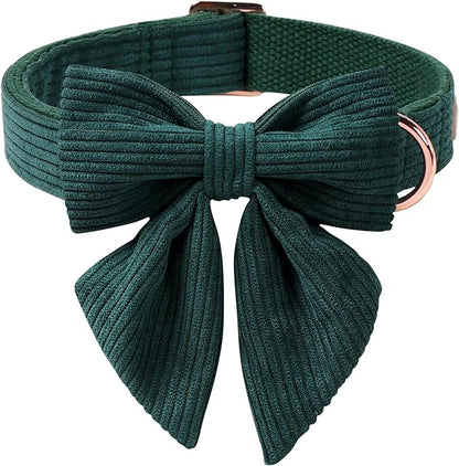 Corduroy Dog Collar with Laday Bow, Adjustable Heavy-Duty Dog Collars for Small Medium Large Dogs, Green Winter Christmas Puppy Bowtie Collar XL