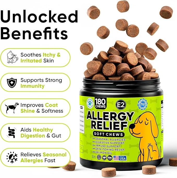 Dog Allergy Relief Chews – Anti Itch for Dogs with Colostrum & Salmon Oil – Reduces Paw Licking & Hot Spots – Omega 3 Fish Oil - Dry Skin & Coat Supplement for a Happy, Healthy Pup - 180 Count