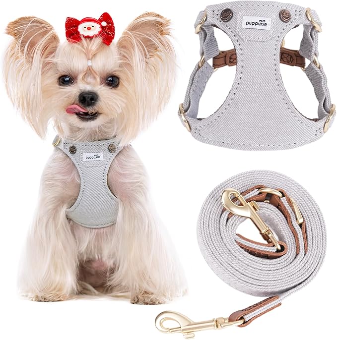 Puppytie No Pull Small Dog Harness with Multifunction Dog Leash,Lightweight Soft Adjustable No Choke Escape Proof Pet Harness Vest Pet Harness Vest,Denim Gray,S