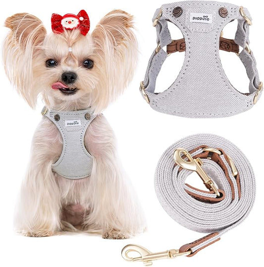 Puppytie No Pull Small Dog Harness with Multifunction Dog Leash,Lightweight Soft Adjustable No Choke Escape Proof Pet Harness Vest Pet Harness Vest,Denim Gray,S