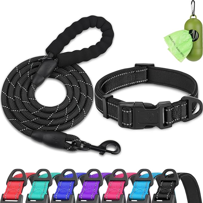 Dynmeow Reflective Dog Collar and Leash Set, 6FT Strong Climbing Rope Leash with Padded Handle, Adjustable Pet Collar with Soft Neoprene Padding for Medium Large Dogs, Black, M