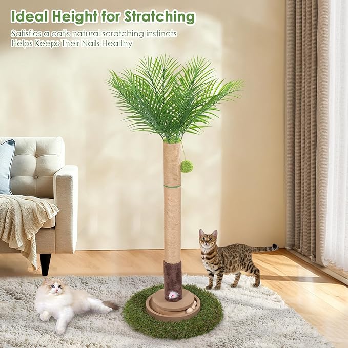 Cat Scratching Post, 35 Inch Tall Cat Scratcher Cat Tree Tower with Hanging Ball for Indoor Cats Adults,Areca Palm Sisal Rope Kitten Scratch with Interactive Mouse Cat Toy