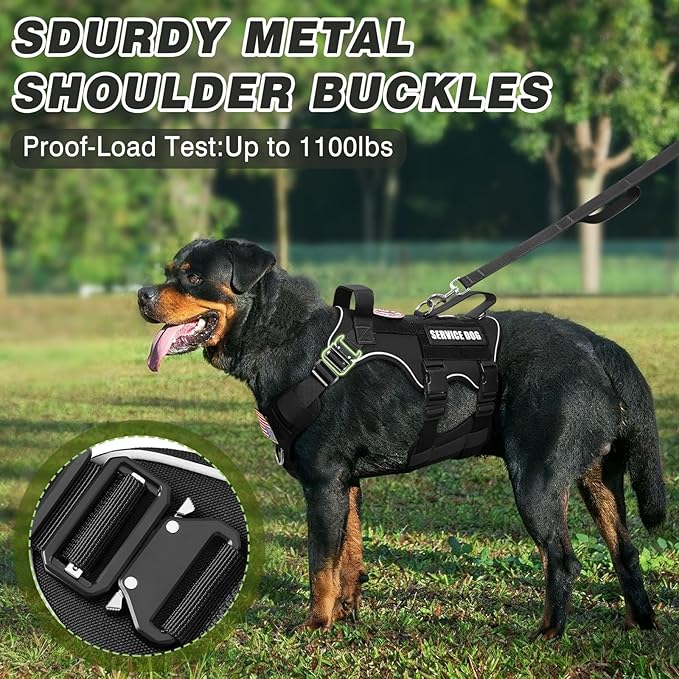 Tactical Service Dog Vest and Leash Set,Heavy Duty Harness with Metal Buckles for Large Dogs,Adjustable No Pull Pet Vest with 10 Patches,for Training Working Hiking,Black XL
