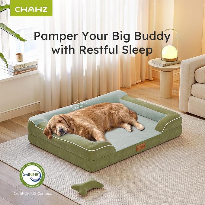 CWAWZ XXL Dog Bed for Extra Large Dogs, Giant Orthopedic Dog Bed with Cooling Gel Memory Foam, Waterproof Pet Bed with Removable Washable Cover, 53" Pet Sofa bed Dutch Velvet with Bone Toy, Dark Green