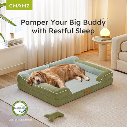 CWAWZ XXL Dog Bed for Extra Large Dogs, Giant Orthopedic Dog Bed with Cooling Gel Memory Foam, Waterproof Pet Bed with Removable Washable Cover, 53" Pet Sofa bed Dutch Velvet with Bone Toy, Dark Green