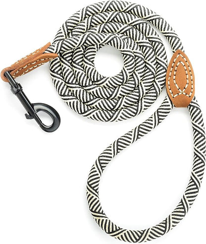 Mile High Life Rope Leash with Genuine Leather Connection, 6 FT/5 FT/4 FT, Heavy Duty Leash for Medium & Large Dogs (Black Beige, 72 Inch)
