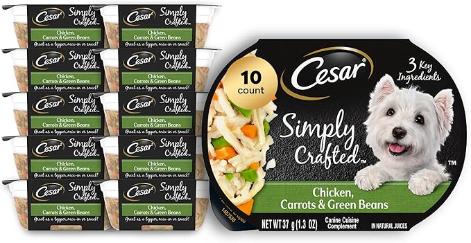 Cesar Simply Crafted Adult Wet Dog Food Toppers for Dry Food, Chicken, Carrots & Green Beans, 1.3 oz Tubs, 10 Count