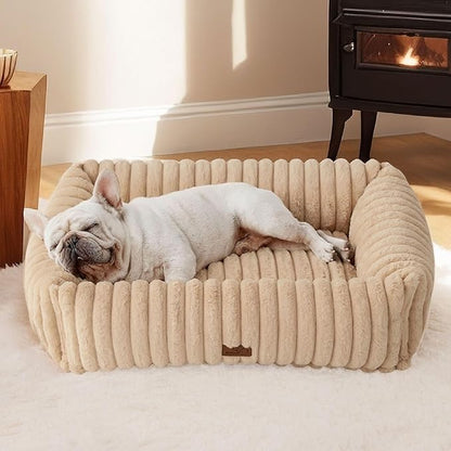 Bedsure ComfyFleece Washable Dog Bed for Medium Dogs - Cute Furry Puppy Beds, Rectangle Orthopedic Corduroy Fleece Pet Beds with Removable Zipper Cover, 30x24x8inches, Sandy Beige