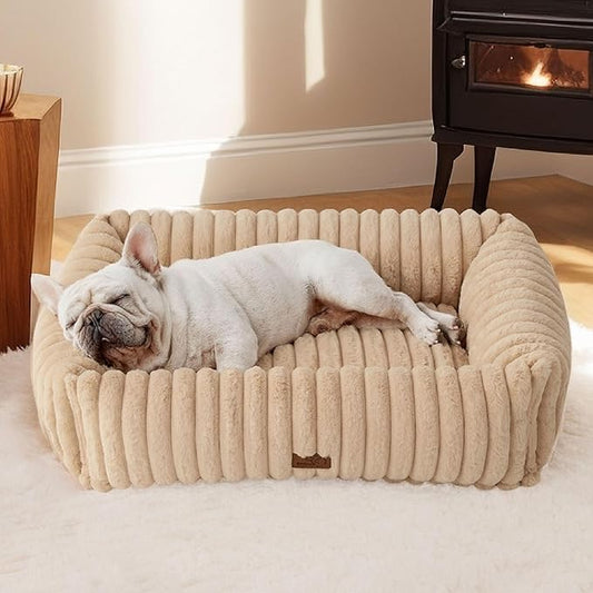 Bedsure ComfyFleece Washable Dog Bed for Medium Dogs - Cute Furry Puppy Beds, Rectangle Orthopedic Corduroy Fleece Pet Beds with Removable Zipper Cover, 30x24x8inches, Sandy Beige