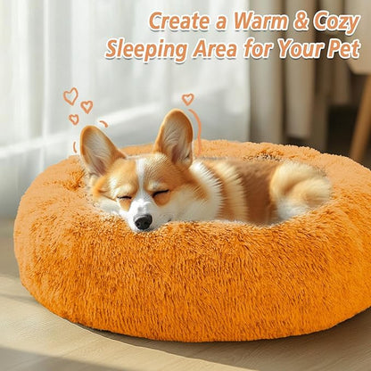 JOLLYVOGUE Calming Dog Bed Large Size Dog, Anti-Anxiety Donut Large Pet Bed, 36 inches Fluffy Faux Fur Round Cat Bed, Fits up to 75 lbs Pets (Orange)