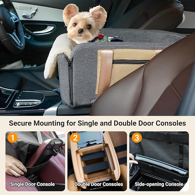Cathpetic Console Dog Car Seat Cat Carrier - Pet Car Booster Seat on Cars' Armrest Travel Bags for Cats Dogs with Easy Carrying Strap Dog Travel Carrier with Safety Tethers
