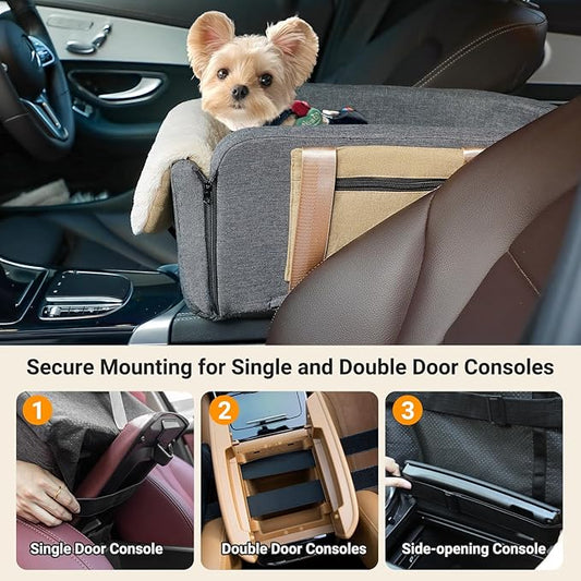 Cathpetic Console Dog Car Seat Cat Carrier - Pet Car Booster Seat on Cars' Armrest Travel Bags for Cats Dogs with Easy Carrying Strap Dog Travel Carrier with Safety Tethers