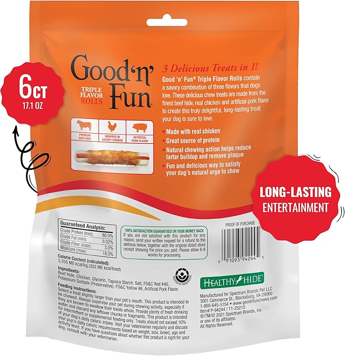 Good ‘n’ Fun Triple Flavor Rolls for Large Dogs, 6 Count, Treat Your Dog to Long-Lasting Chews Made with Real Beef Hide and Chicken