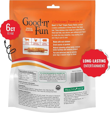 Good ‘n’ Fun Triple Flavor Rolls for Large Dogs, 6 Count, Treat Your Dog to Long-Lasting Chews Made with Real Beef Hide and Chicken