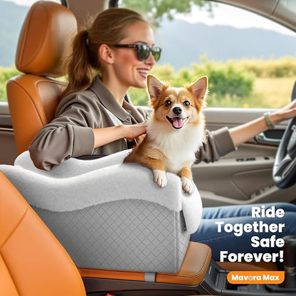 Mavora Max Portable Small Dog Seat for Car, Luxury Center Console Dog Car Seat Booster with Safety Tethers, Anti-Collapse Pet Travel Carseat for SUV, Truck (Light Grey/White)